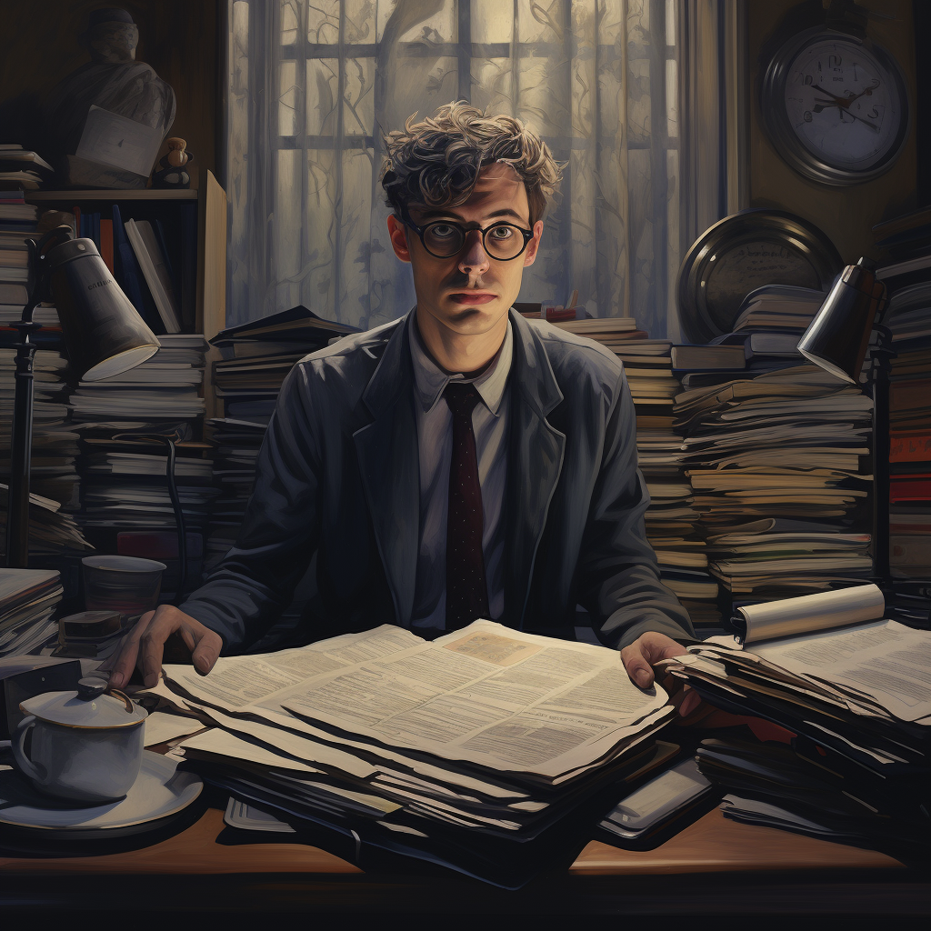 Man in suit standing over paperwork